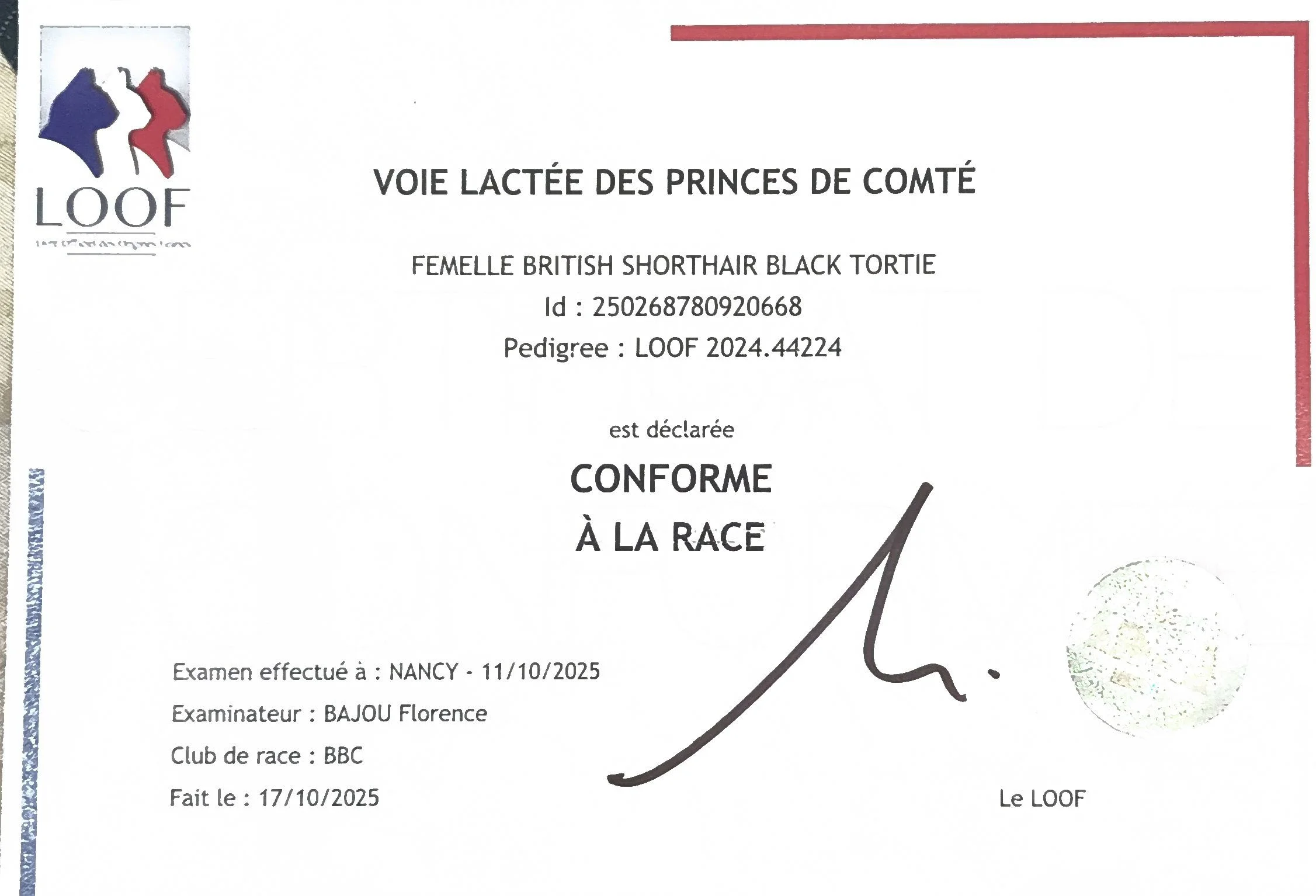 Certificat de conformité Voie Lactée